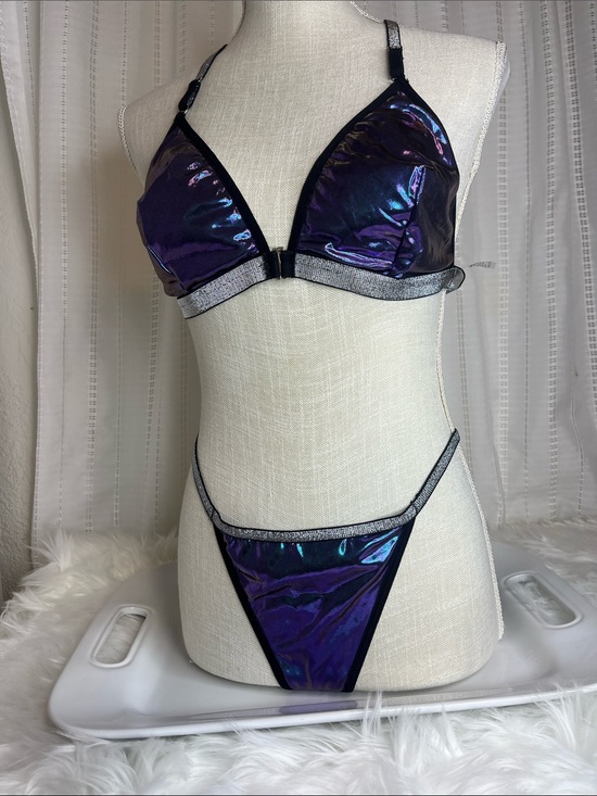 Other - Iridescent Purple Triangle Bra & Panty  Set with Silver Heart Rhinestone Trim